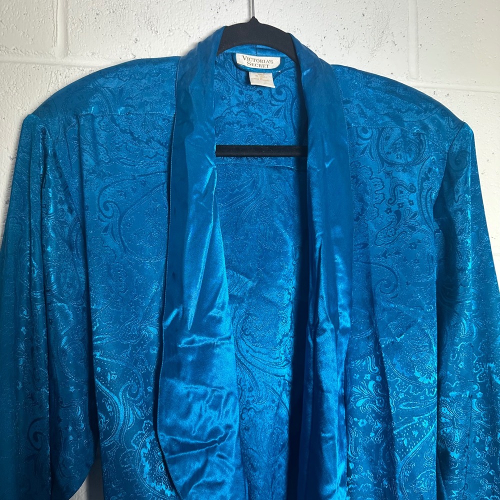Vintage Victorias Secret Gold Label Paisley Jacquard Robe Teal Blue Small Tassel